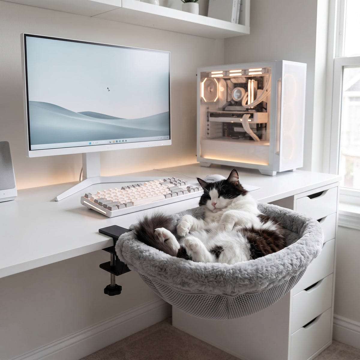 Cat relaxing beside a desk