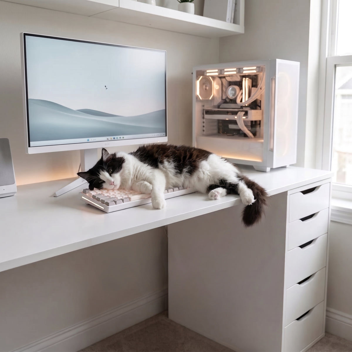 Before: cat resting on the keyboard without the desk bed